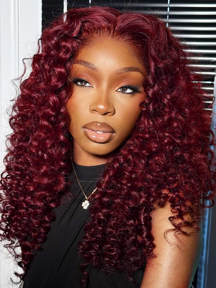 CurlyMe 99J Burgundy Color Burmese Curly Glueless Wig Pre Cut 9x6 Lace Snug Fit Wear Go Glueless Wig - Image 9