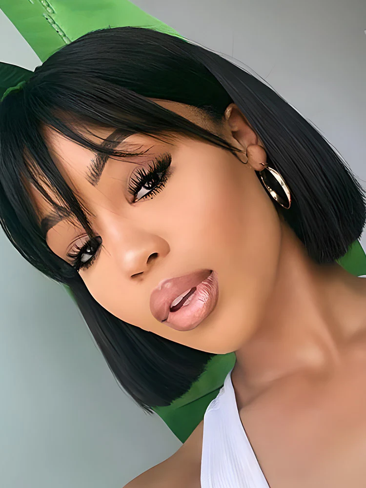 CurlyMe Silk Straight Hair Non Lace Glueless Bob Wig With Bangs - Image 7