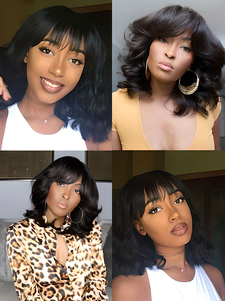 CurlyMe Body Wave Hair Non Lace Bob Wigs Full Machine Made Wigs With Bangs - Image 5