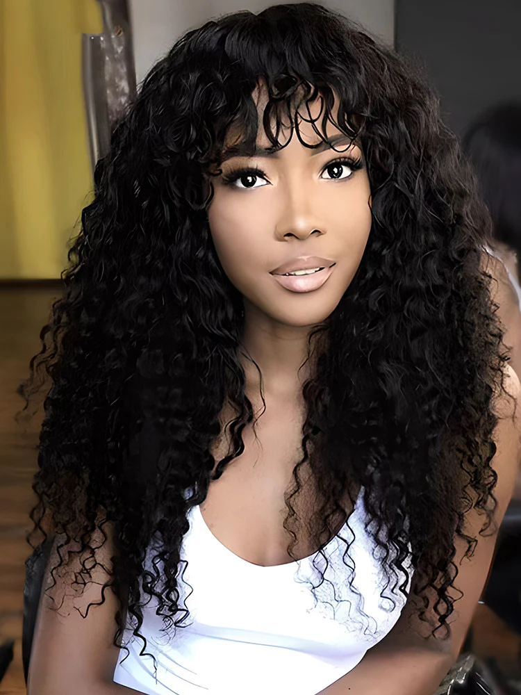 CurlyMe Water Wave Hair Non Lace Wigs Full Machine Made Wigs With Bangs For Women - Image 6