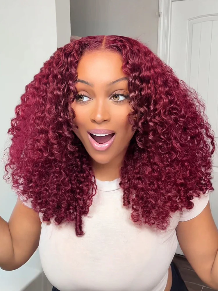 [Clearance Sale]99J Burgundy Color Burmese Curly Glueless Wig Pre Cut 13x6 Lace Snug Fit Wear Go Glueless Wig - Image 12
