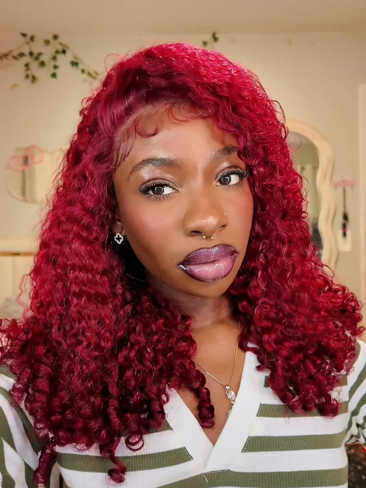 [Clearance Sale]99J Burgundy Color Burmese Curly Glueless Wig Pre Cut 13x6 Lace Snug Fit Wear Go Glueless Wig - Image 3