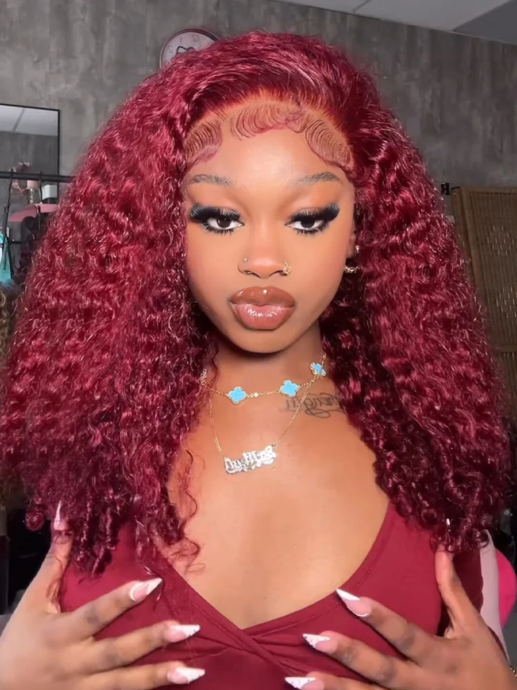 [Clearance Sale]99J Burgundy Color Burmese Curly Glueless Wig Pre Cut 13x6 Lace Snug Fit Wear Go Glueless Wig - Image 4