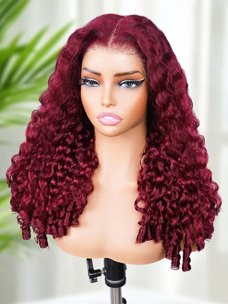 [Clearance Sale]99J Burgundy Color Burmese Curly Glueless Wig Pre Cut 13x6 Lace Snug Fit Wear Go Glueless Wig - Image 5