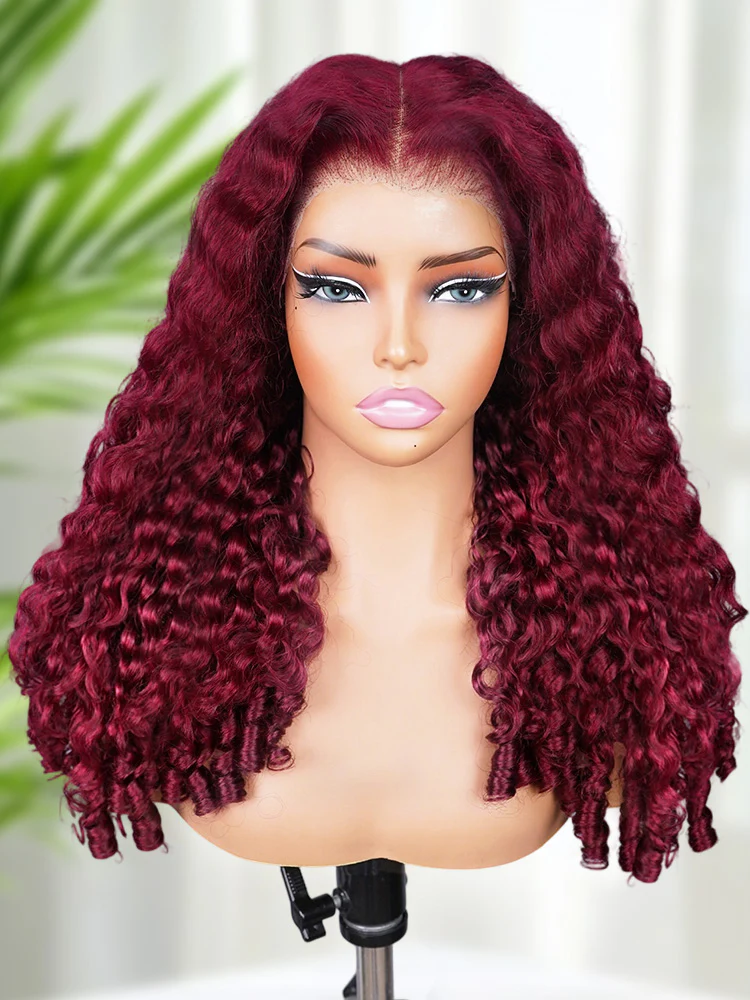 [Clearance Sale]99J Burgundy Color Burmese Curly Glueless Wig Pre Cut 13x6 Lace Snug Fit Wear Go Glueless Wig - Image 6