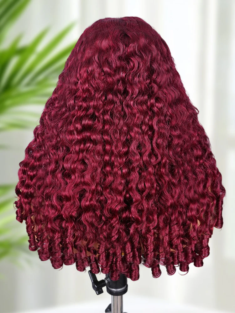 [Clearance Sale]99J Burgundy Color Burmese Curly Glueless Wig Pre Cut 13x6 Lace Snug Fit Wear Go Glueless Wig - Image 7