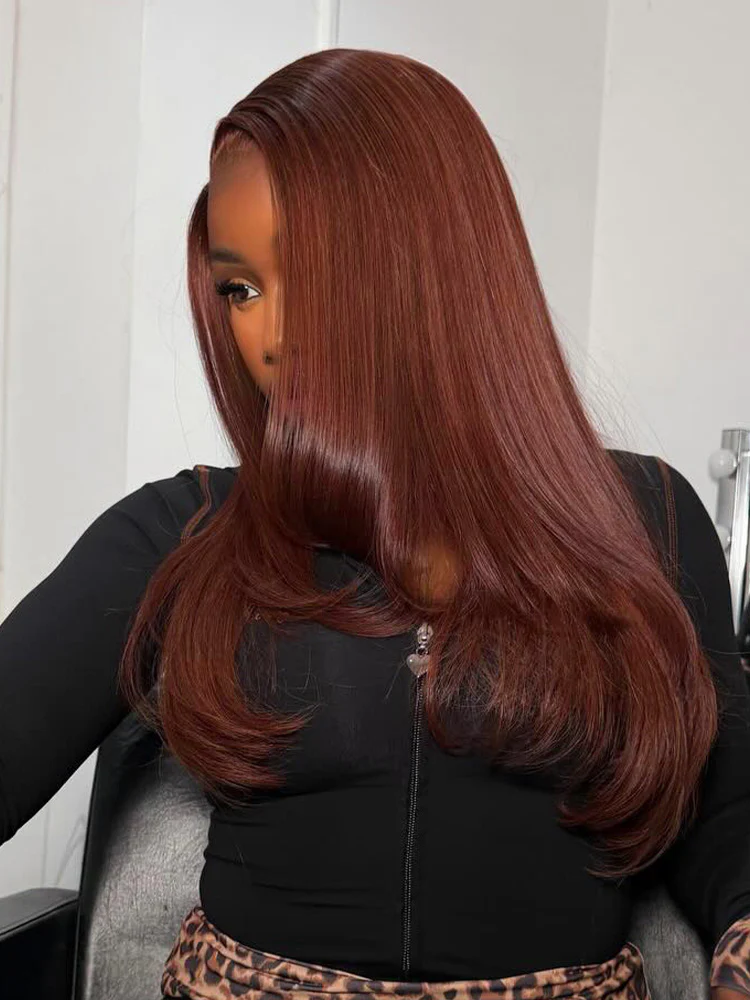 CurlyMe Layered Cut Reddish Brown Straight Hair 7x5 Pre-Cut Swiss Lace Wear Go Glueless Wigs With Adjustable String - Image 5