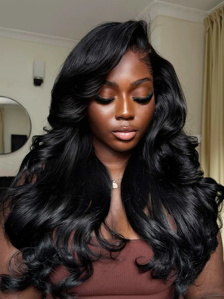 [Clearance Sale]CurlyMe Wear Go Natural Black Color Face-Framing Layered Cut Body Wave Wig Pre-Cut Lace Glueless Wigs - Image 3