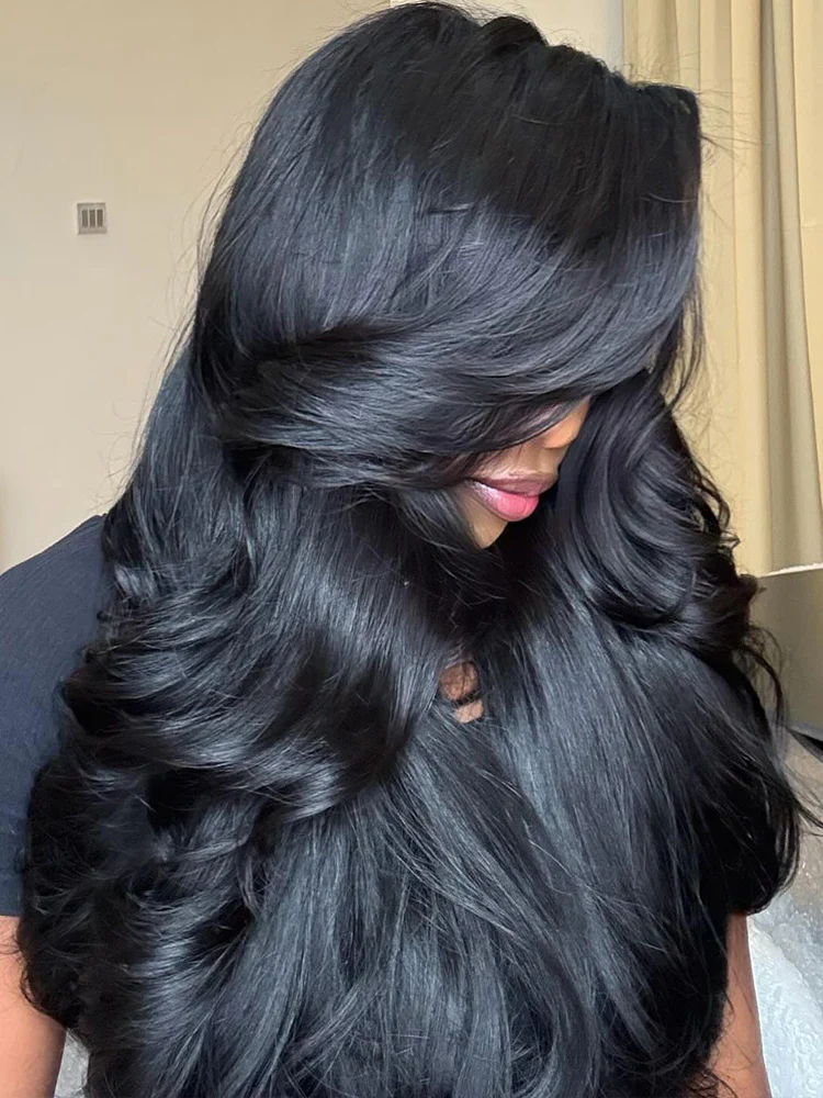 [Clearance Sale]CurlyMe Wear Go Natural Black Color Face-Framing Layered Cut Body Wave Wig Pre-Cut Lace Glueless Wigs - Image 4