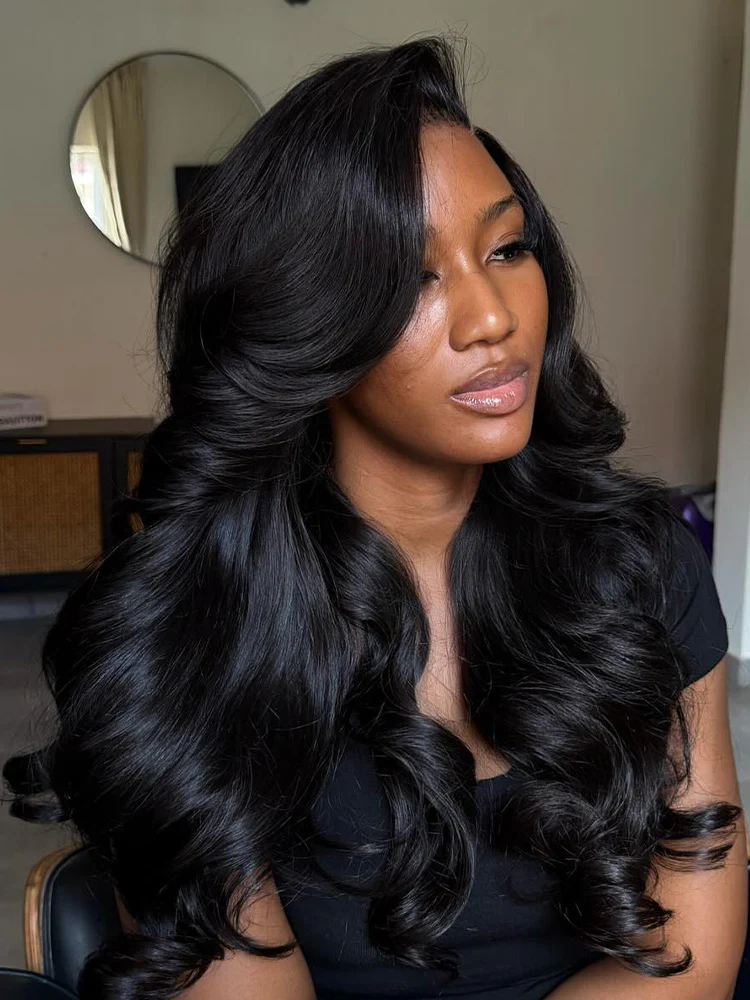 [Clearance Sale]CurlyMe Wear Go Natural Black Color Face-Framing Layered Cut Body Wave Wig Pre-Cut Lace Glueless Wigs - Image 5