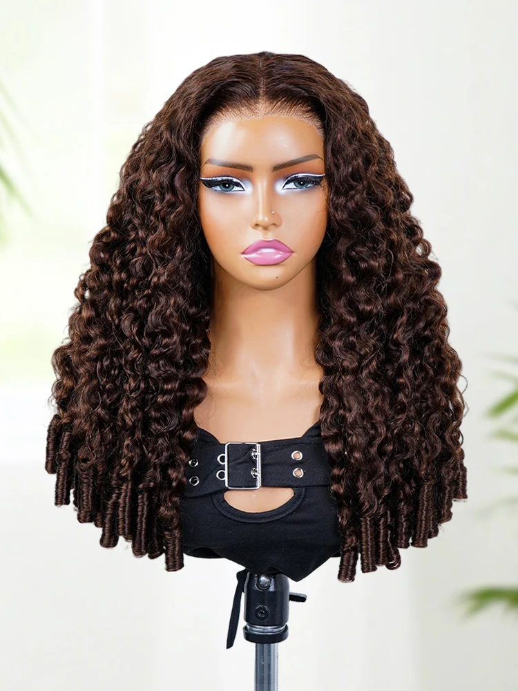 CurlyMe Mocha Mousse Color Burmese Curly Human Hair 7x5 Pre-Cut Lace Wear Go Glueless Wig With Elastic Draw-string - Image 3