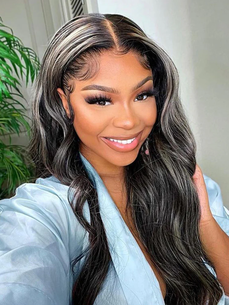 CurlyMe Platinum Gray and Black Straight Ombre Highlights Hair 13x4 Lace Front Wigs - Image 5