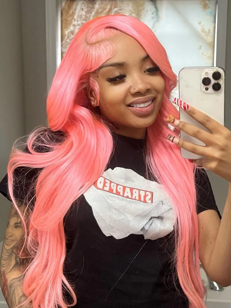 CurlyMe Light Ash Pink Color Straight Hair 13x4 Lace Front Wigs Human Hair - Image 7