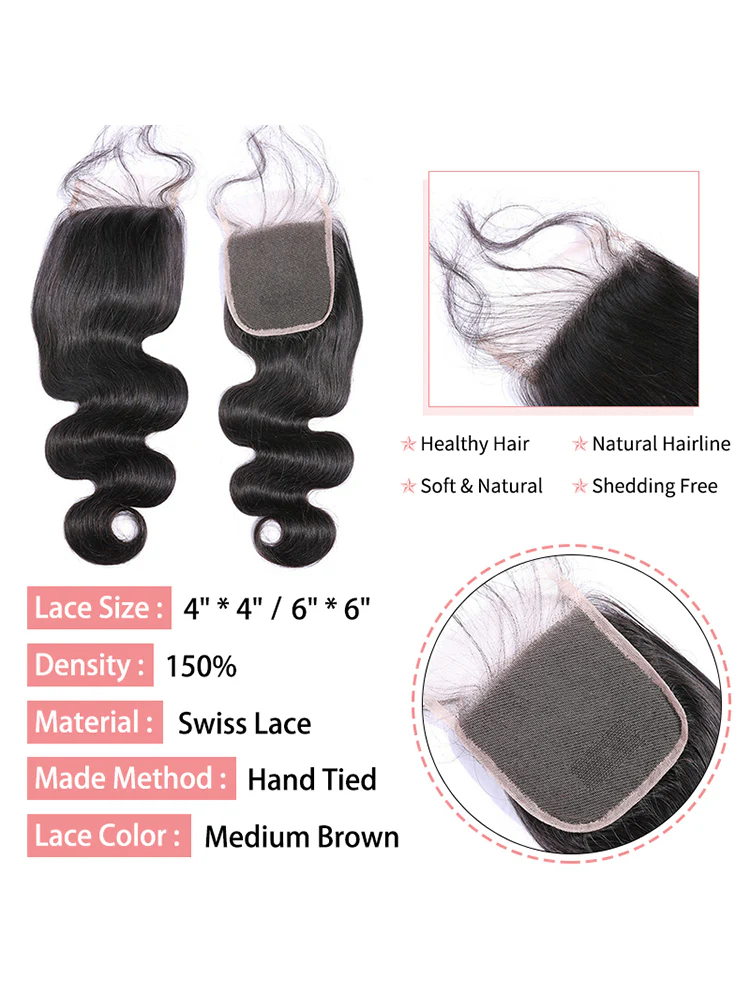 CurlyMe Body Wave Virgin Hair Natural Color 4x4 Lace Closure - Image 4