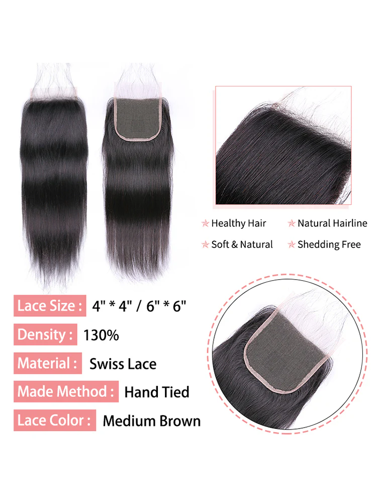 CurlyMe Straight Virgin Hair Natural Black Hair 4x4 Lace Closure - Image 5