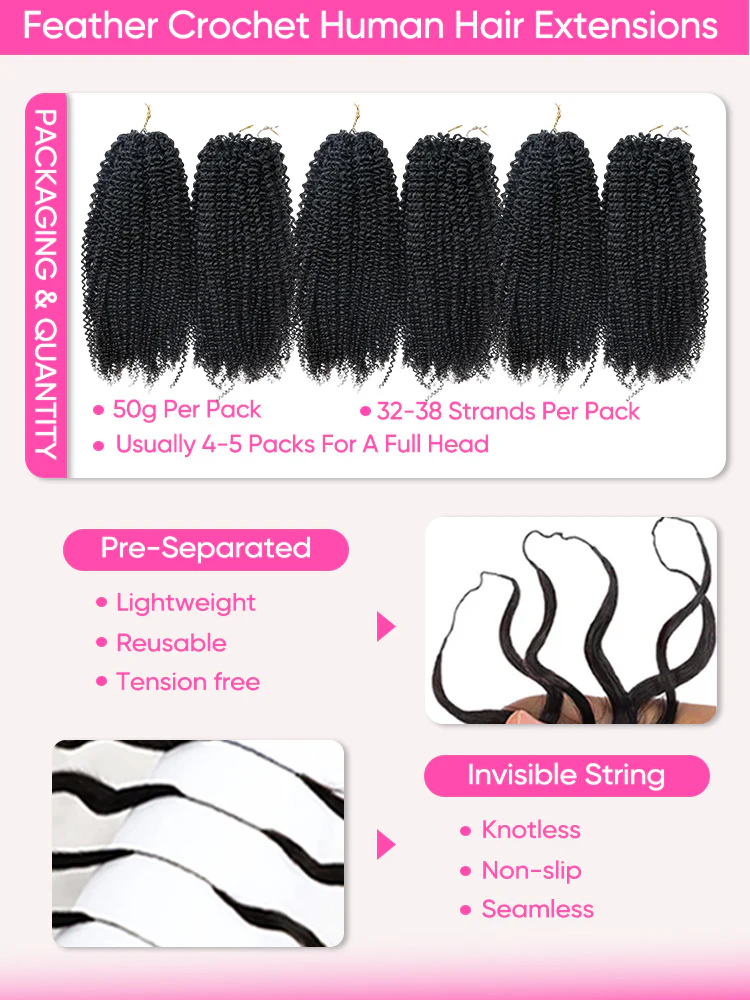 CurlyMe Afro Kinky Curly Pre-Separated Miracle Knots Feather Crochet Human Hair Extensions For Braids-Reusable & Knotlesss - Image 4