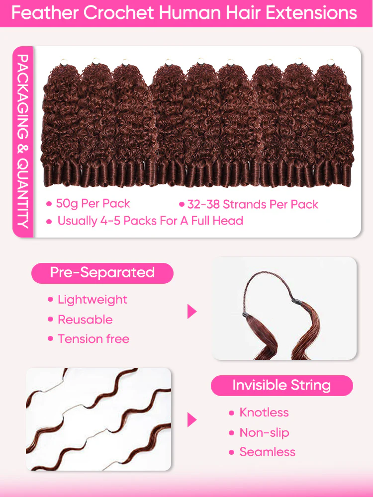 CurlyMe Reddish Brown Color Burmese Curly Miracle Knots Pre-Separated Feather Crochet Human Hair Knotless Boho Braids Remy Hair Extensions - Image 9
