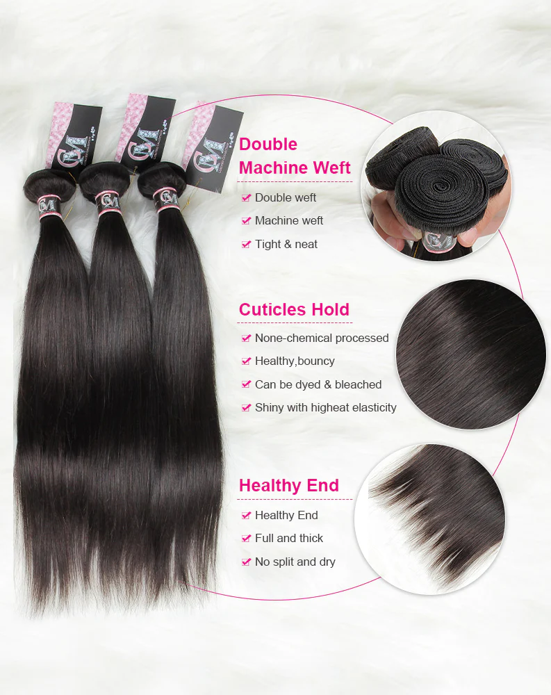 CurlyMe Straight Virgin Human Hair 3 Bundles With 4x4 Closure Natural Black - Image 5
