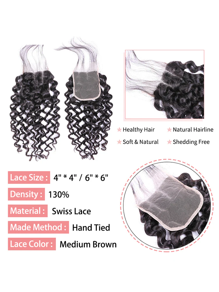 CurlyMe Water Wave Natural Black Hair 4x4 Lace Closure - Image 5