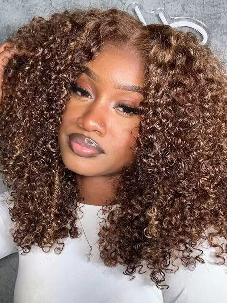 CurlyMe Highlights Ombre Kinky Curly Glueless Bob Wig Wear Go 7x5 Pre Cut Lace Wig - Image 11
