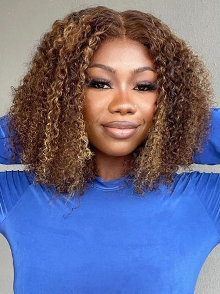 CurlyMe Highlights Ombre Kinky Curly Glueless Bob Wig Wear Go 7x5 Pre Cut Lace Wig - Image 3