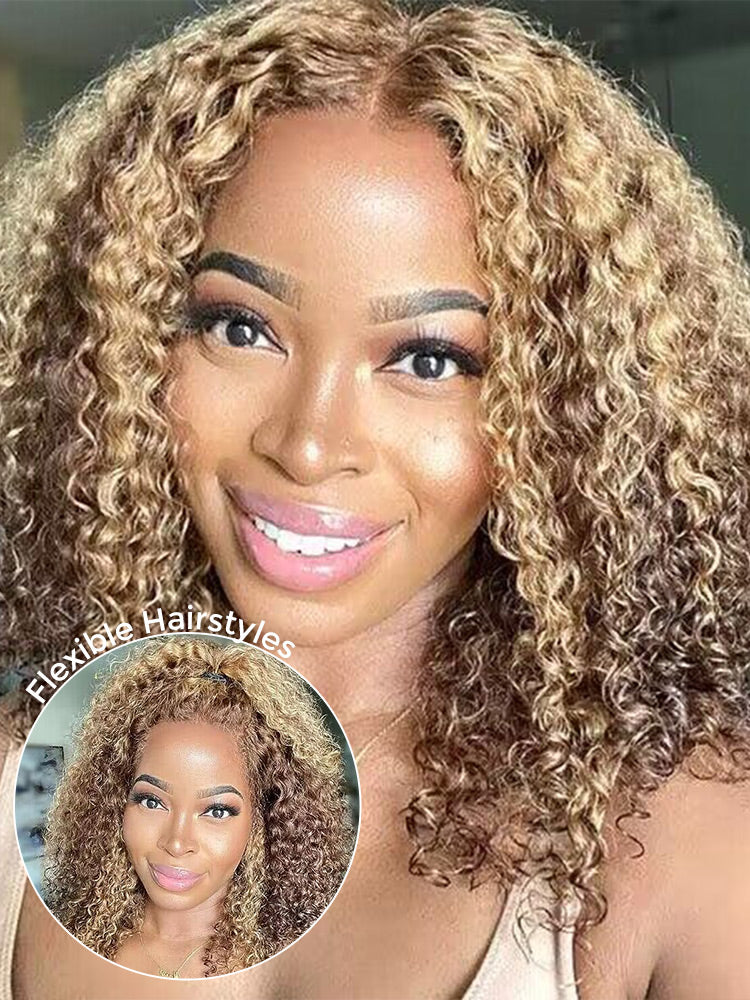 CurlyMe Highlights Ombre Kinky Curly Glueless Bob Wig Wear Go 7x5 Pre Cut Lace Wig - Image 5