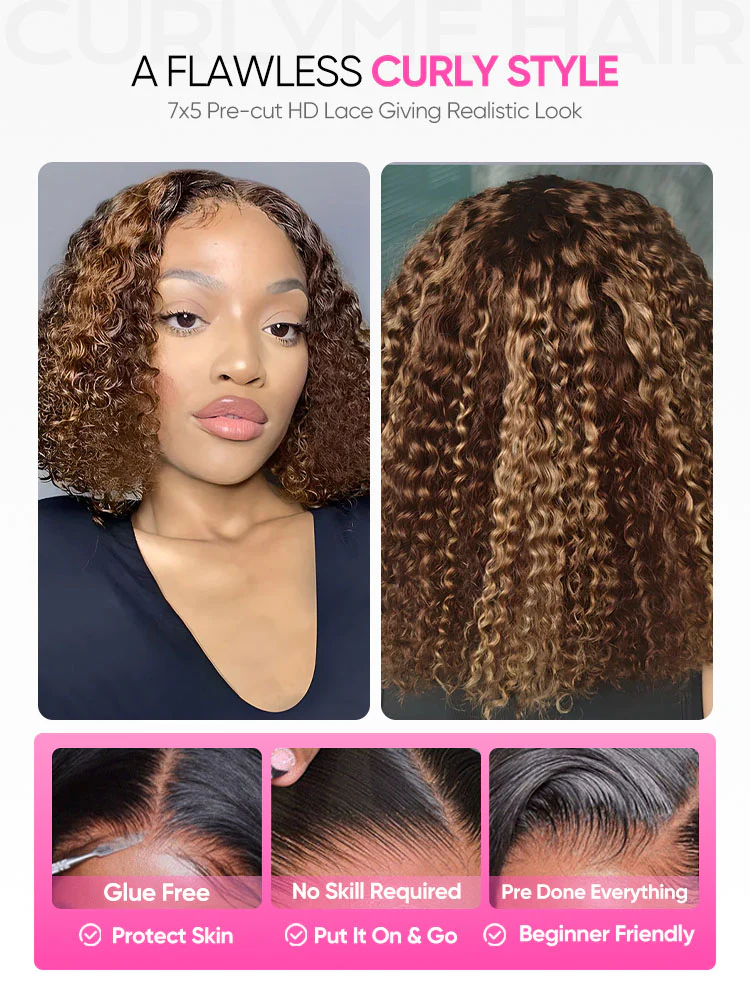 CurlyMe Highlights Ombre Kinky Curly Glueless Bob Wig Wear Go 7x5 Pre Cut Lace Wig - Image 8