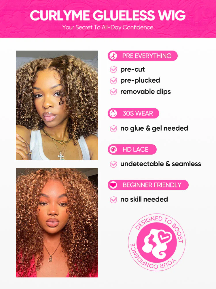 CurlyMe Highlights Ombre Kinky Curly Glueless Bob Wig Wear Go 7x5 Pre Cut Lace Wig - Image 9